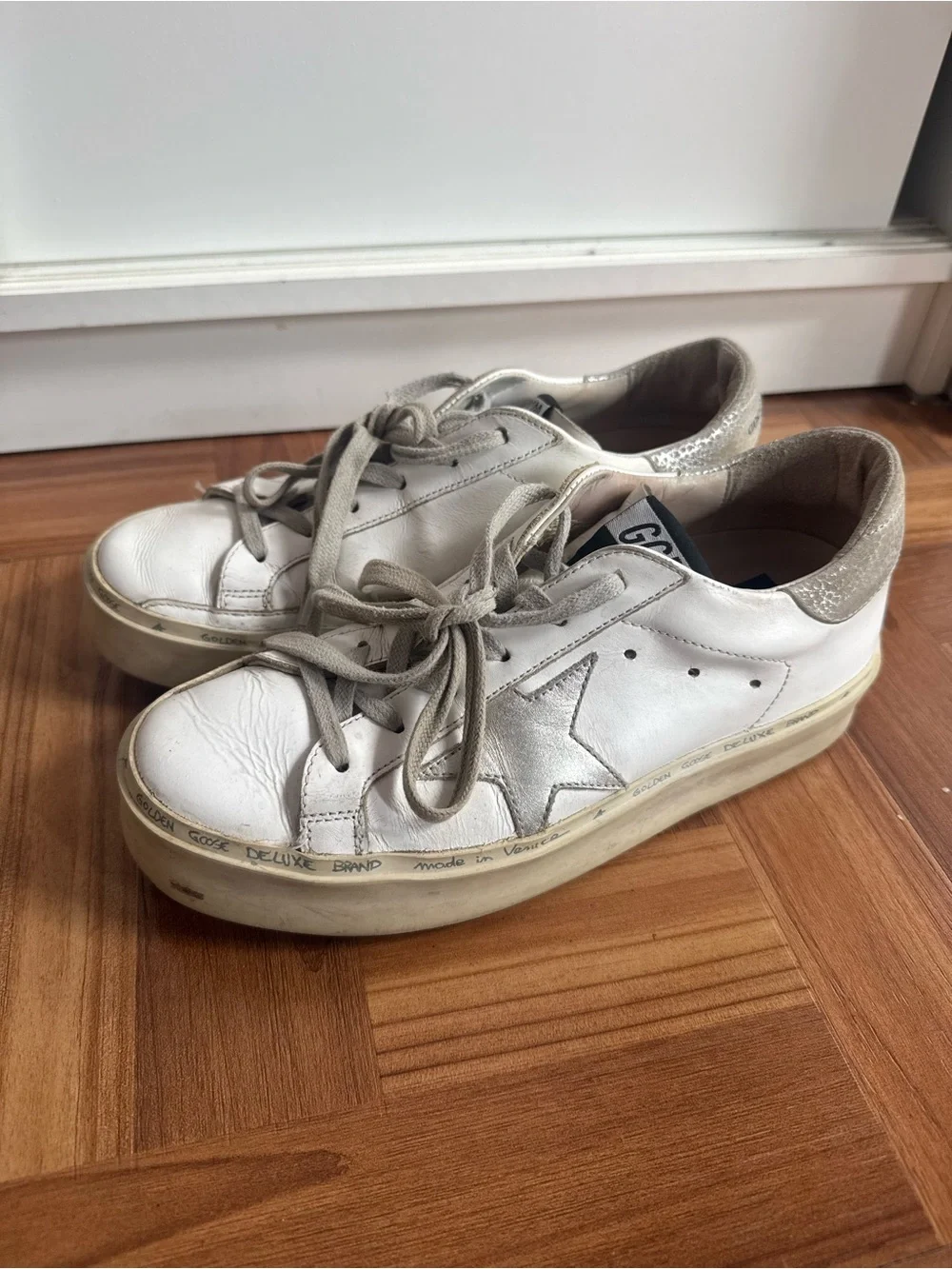 Golden Goose White Leather Platform Sneakers with Silver Star